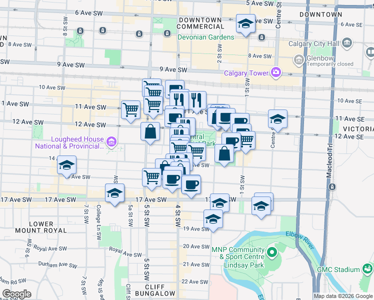 map of restaurants, bars, coffee shops, grocery stores, and more near 339 13 Avenue Southwest in Calgary