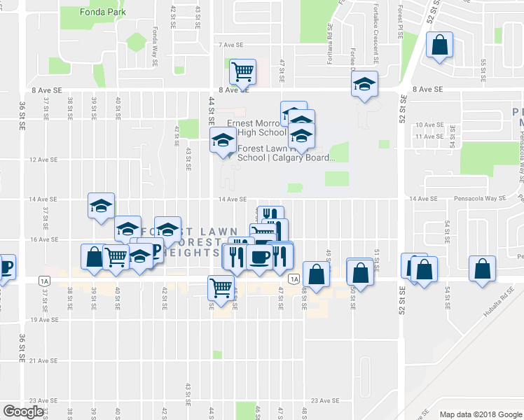 map of restaurants, bars, coffee shops, grocery stores, and more near 1512 46 Street Southeast in Calgary
