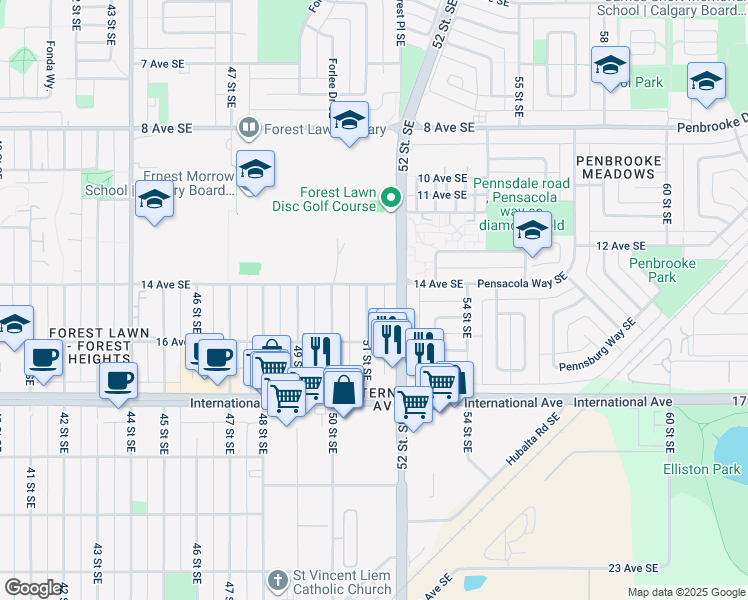 map of restaurants, bars, coffee shops, grocery stores, and more near 1512 51 Street Southeast in Calgary