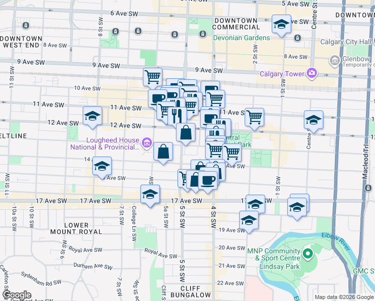 map of restaurants, bars, coffee shops, grocery stores, and more near 535 13 Avenue Southwest in Calgary