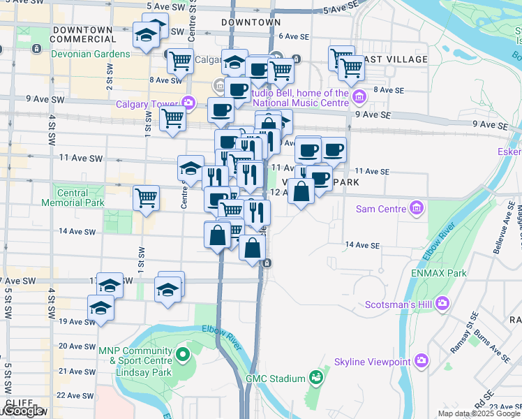 map of restaurants, bars, coffee shops, grocery stores, and more near 1229 Macleod Trail Southeast in Calgary
