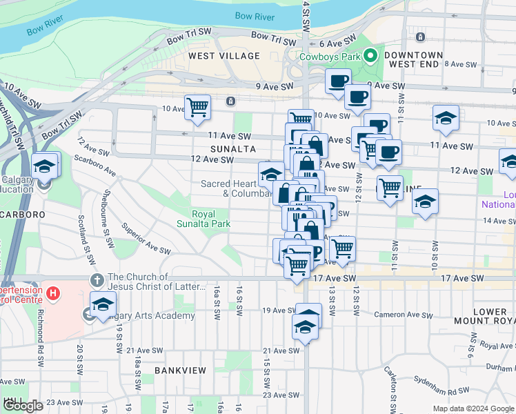 map of restaurants, bars, coffee shops, grocery stores, and more near in Calgary