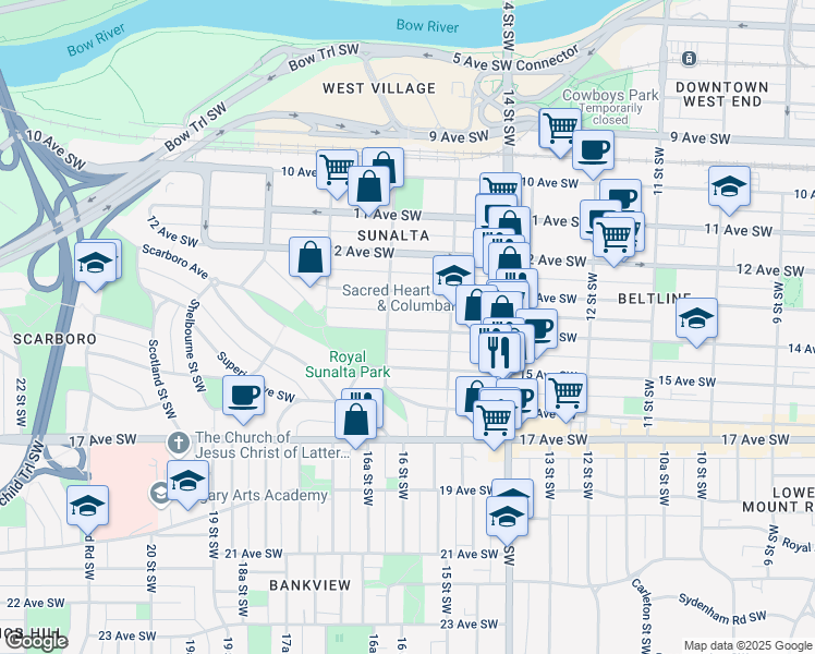 map of restaurants, bars, coffee shops, grocery stores, and more near in Calgary
