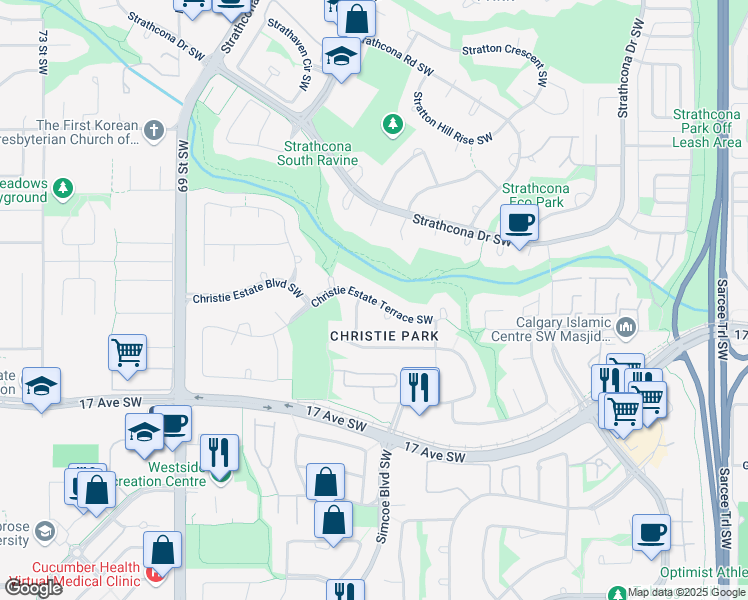 map of restaurants, bars, coffee shops, grocery stores, and more near Christie Estate Terrace Southwest in Calgary