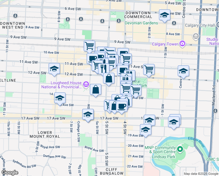 map of restaurants, bars, coffee shops, grocery stores, and more near 535 13 Avenue Southwest in Calgary