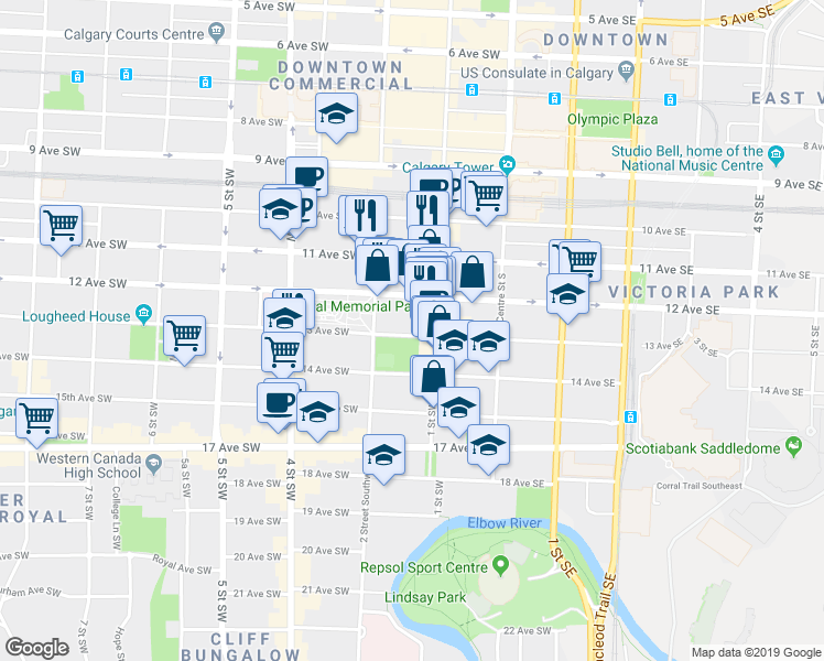 map of restaurants, bars, coffee shops, grocery stores, and more near 225 13 Avenue Southwest in Calgary
