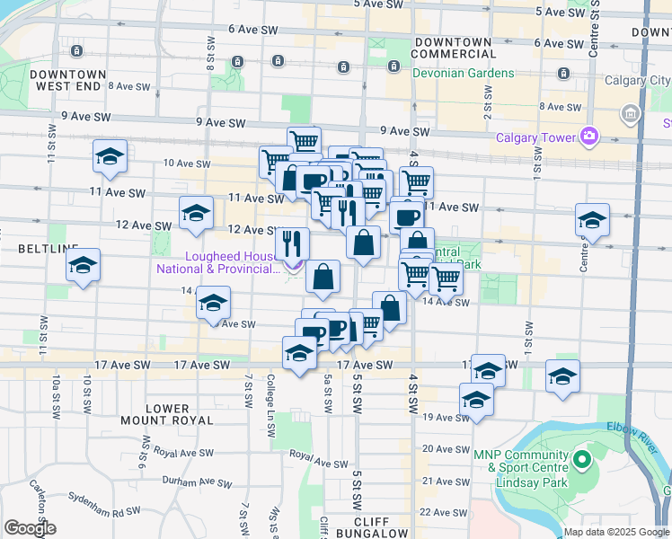 map of restaurants, bars, coffee shops, grocery stores, and more near in Calgary