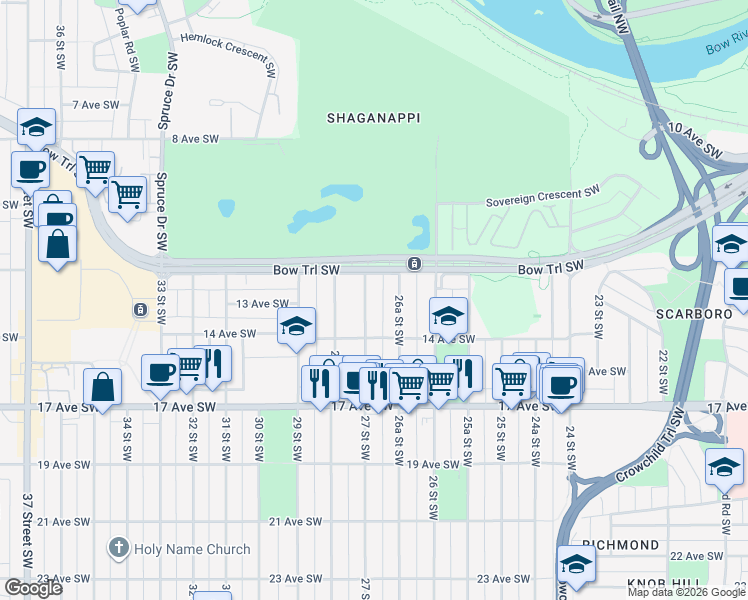 map of restaurants, bars, coffee shops, grocery stores, and more near in Calgary