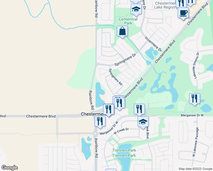 map of restaurants, bars, coffee shops, grocery stores, and more near 224 Springmere Road in Chestermere