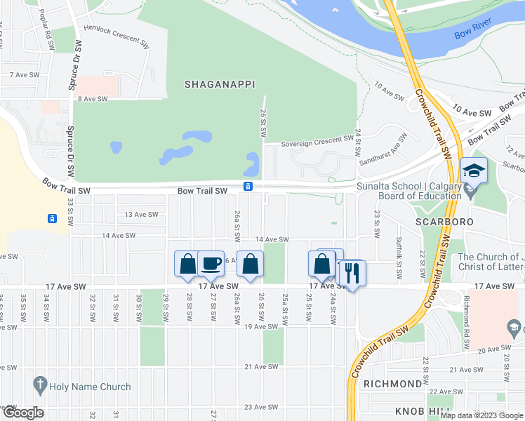 map of restaurants, bars, coffee shops, grocery stores, and more near 1415 26 Street Southwest in Calgary