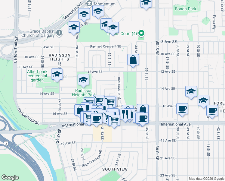 map of restaurants, bars, coffee shops, grocery stores, and more near 1516 Rouleau Crescent Southeast in Calgary