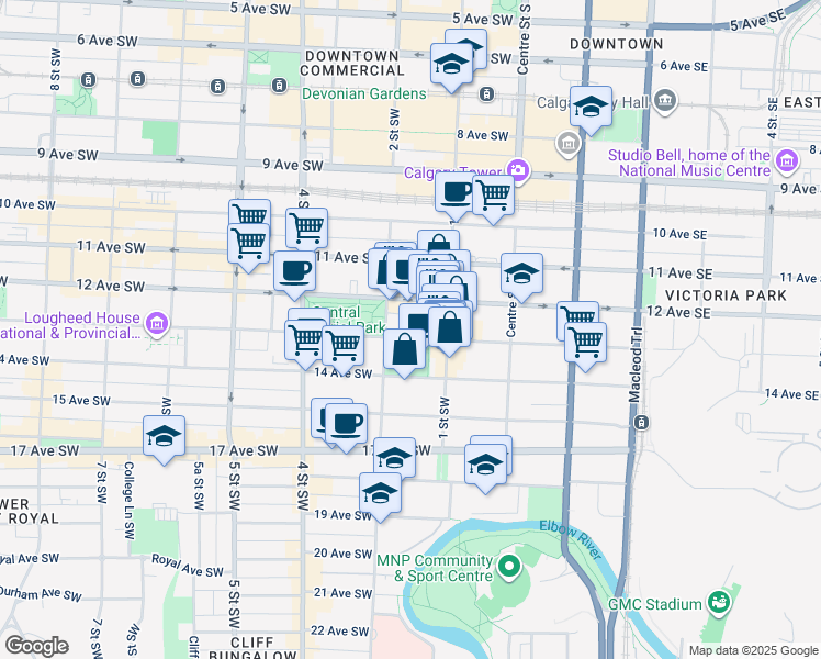 map of restaurants, bars, coffee shops, grocery stores, and more near 224 13 Avenue Southwest in Calgary