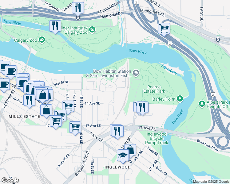 map of restaurants, bars, coffee shops, grocery stores, and more near in Calgary
