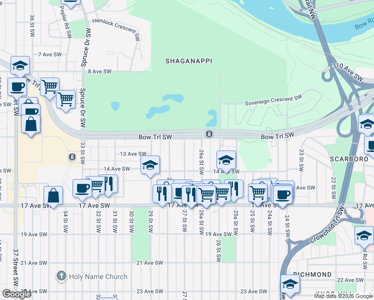 map of restaurants, bars, coffee shops, grocery stores, and more near in Calgary