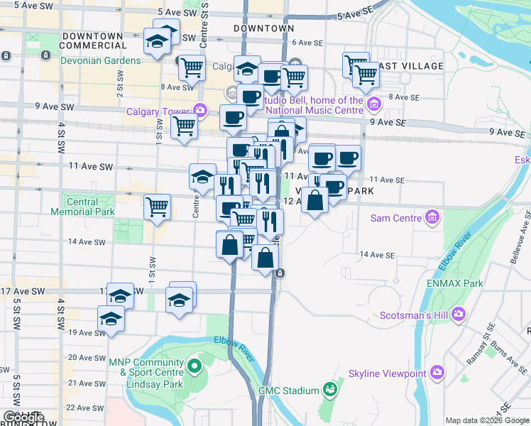 map of restaurants, bars, coffee shops, grocery stores, and more near 231 12 Avenue Southeast in Calgary