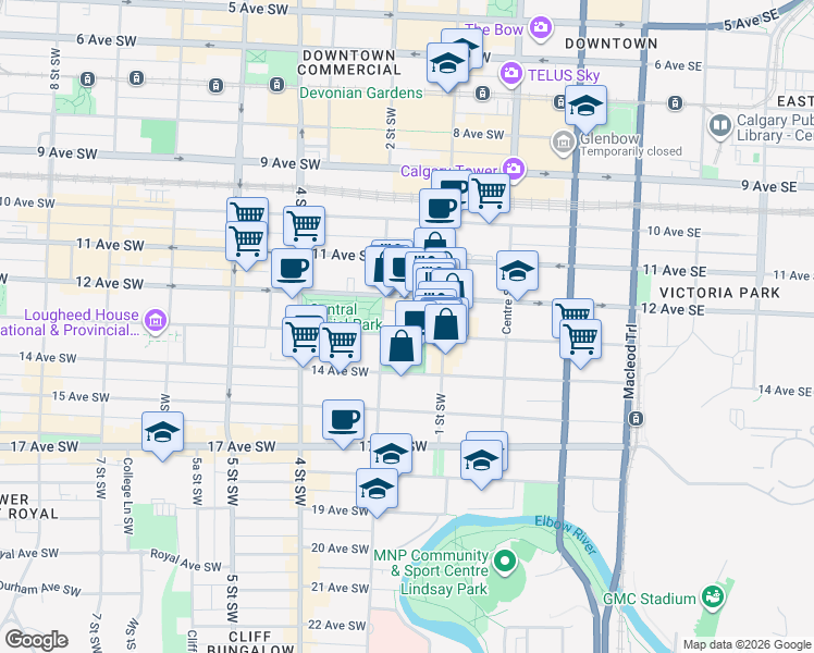 map of restaurants, bars, coffee shops, grocery stores, and more near 224 13 Avenue Southwest in Calgary
