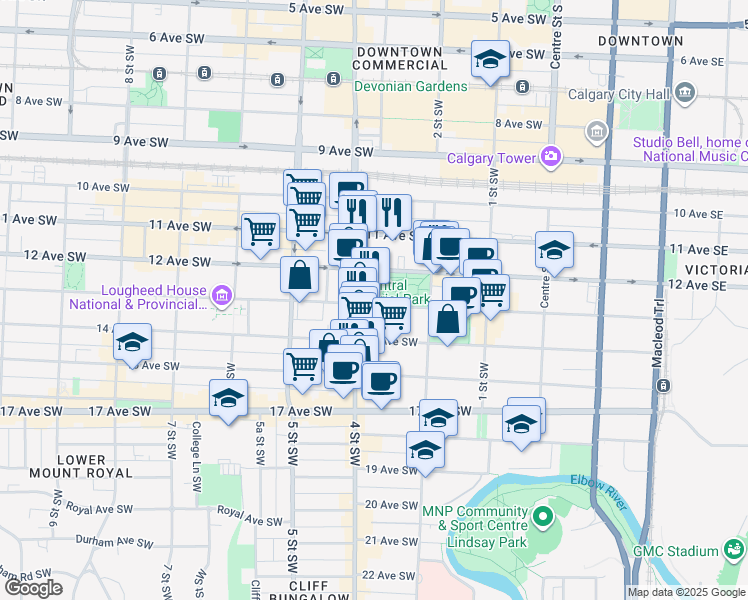 map of restaurants, bars, coffee shops, grocery stores, and more near 340 13 Avenue Southwest in Calgary