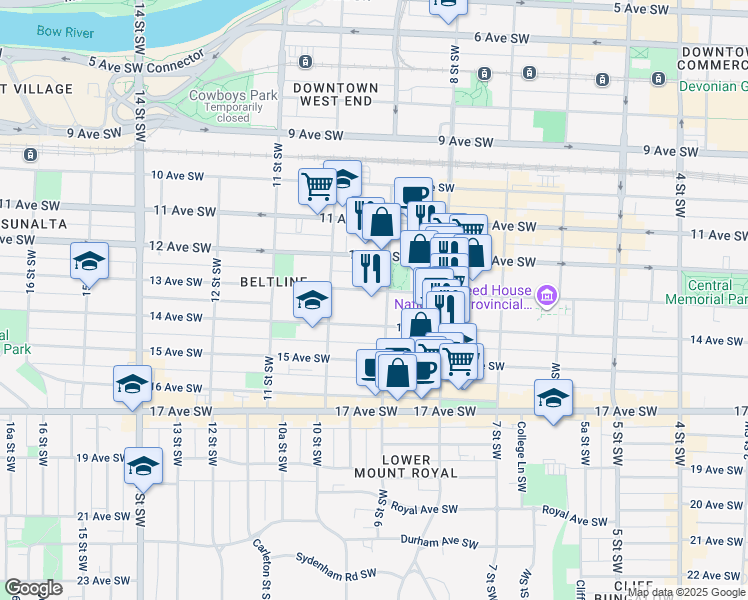 map of restaurants, bars, coffee shops, grocery stores, and more near 1001 13 Avenue Southwest in Calgary