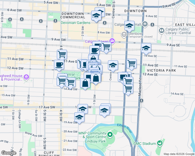 map of restaurants, bars, coffee shops, grocery stores, and more near 1308 1 Street Southwest in Calgary