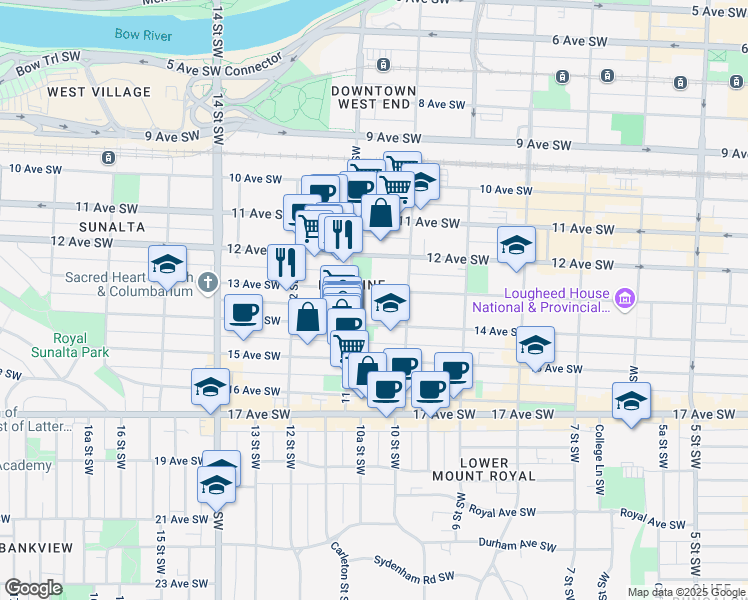 map of restaurants, bars, coffee shops, grocery stores, and more near 1140 14 Avenue Southwest in Calgary