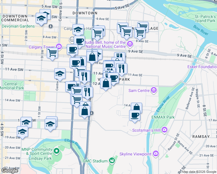 map of restaurants, bars, coffee shops, grocery stores, and more near 1250 3 Street Southeast in Calgary