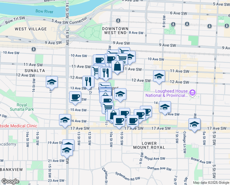 map of restaurants, bars, coffee shops, grocery stores, and more near 1123 13 Avenue Southwest in Calgary