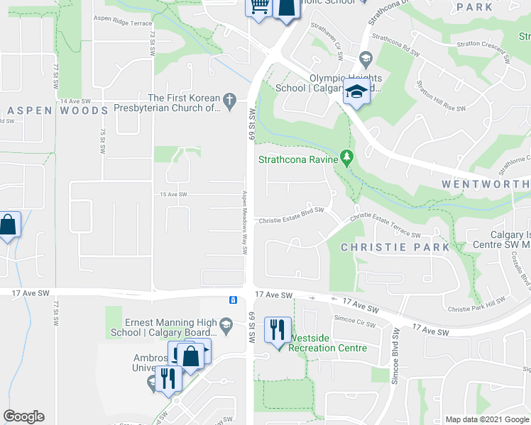 map of restaurants, bars, coffee shops, grocery stores, and more near 6982 Christie Estate Boulevard Southwest in Calgary