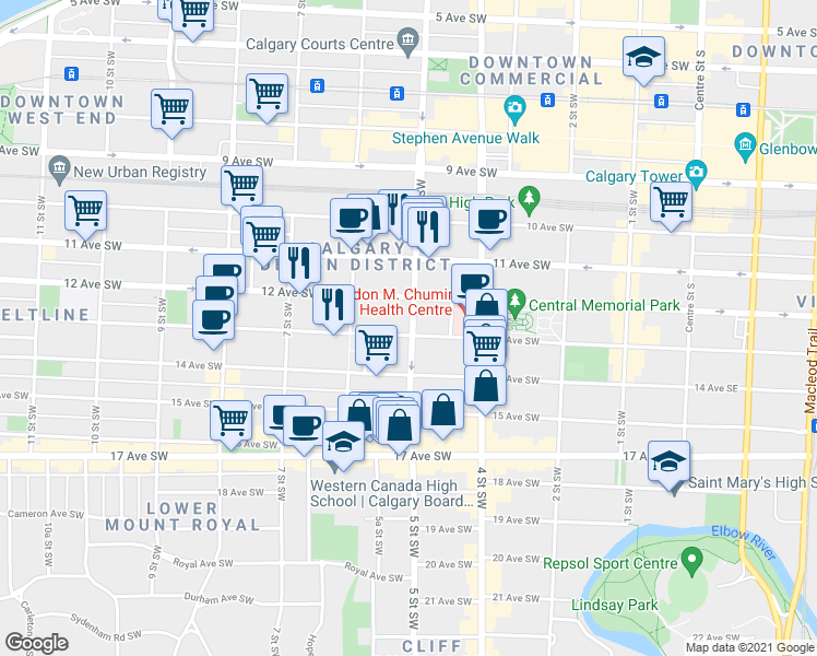 map of restaurants, bars, coffee shops, grocery stores, and more near in Calgary