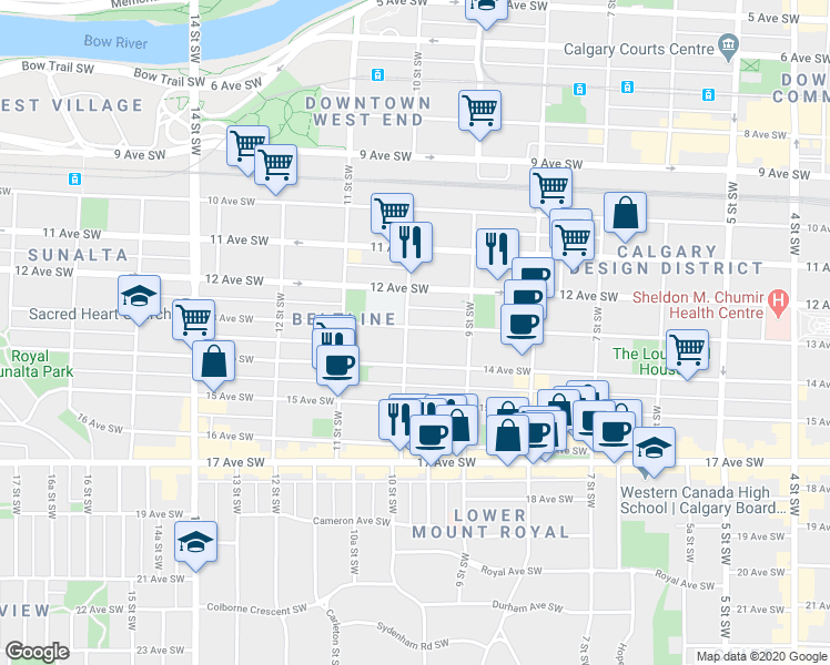 map of restaurants, bars, coffee shops, grocery stores, and more near in Calgary