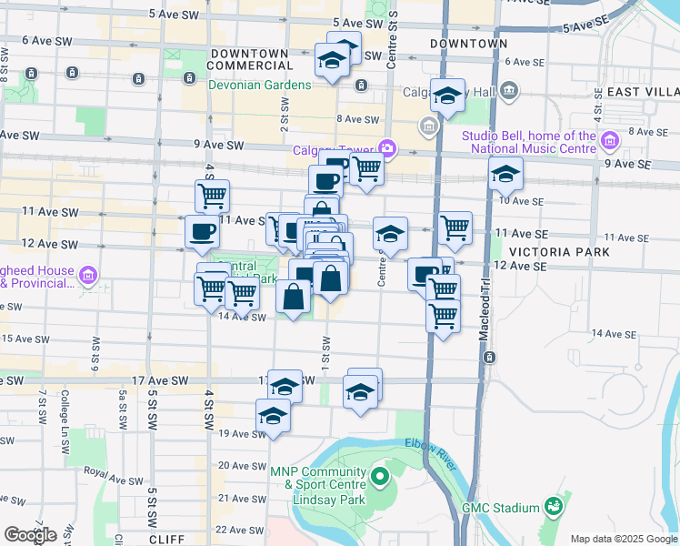 map of restaurants, bars, coffee shops, grocery stores, and more near 1308 1 Street Southwest in Calgary