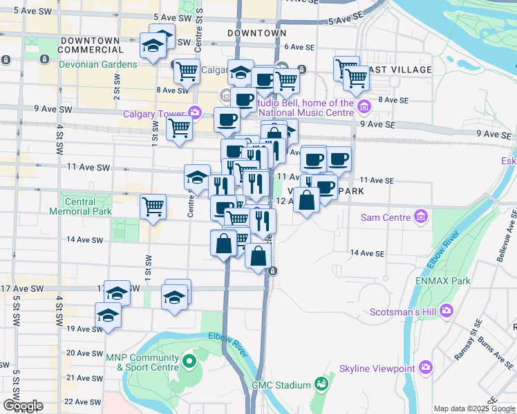 map of restaurants, bars, coffee shops, grocery stores, and more near 231 12 Avenue Southeast in Calgary