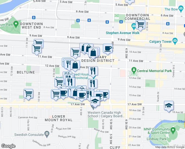 map of restaurants, bars, coffee shops, grocery stores, and more near 710 13 Avenue Southwest in Calgary