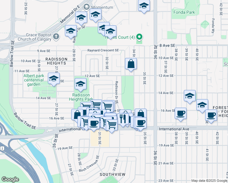 map of restaurants, bars, coffee shops, grocery stores, and more near 1503 Rouleau Crescent Southeast in Calgary