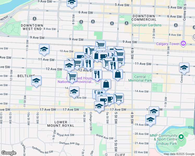 map of restaurants, bars, coffee shops, grocery stores, and more near 710 13 Avenue Southwest in Calgary