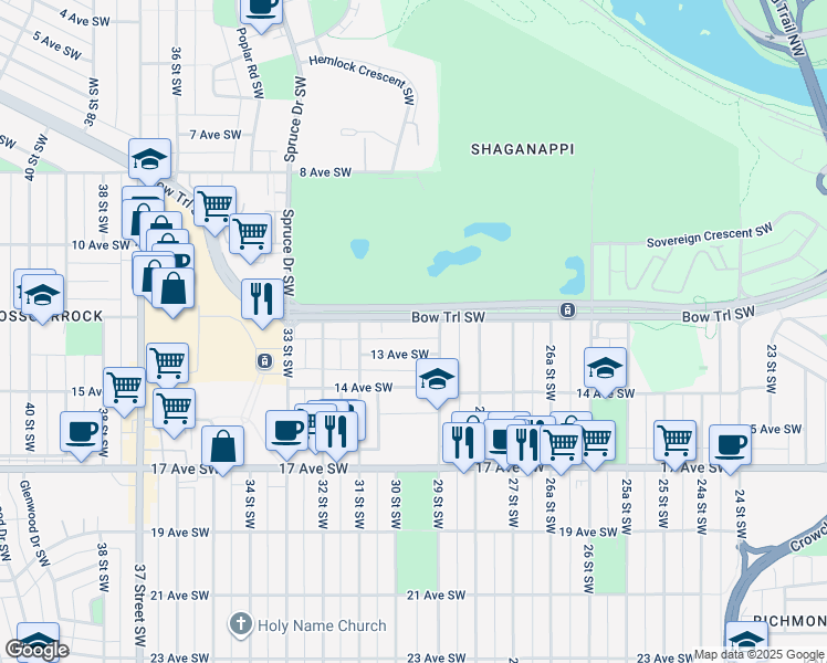 map of restaurants, bars, coffee shops, grocery stores, and more near in Calgary