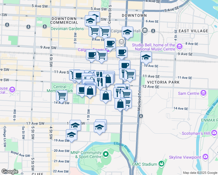 map of restaurants, bars, coffee shops, grocery stores, and more near 105 12 Avenue Southeast in Calgary