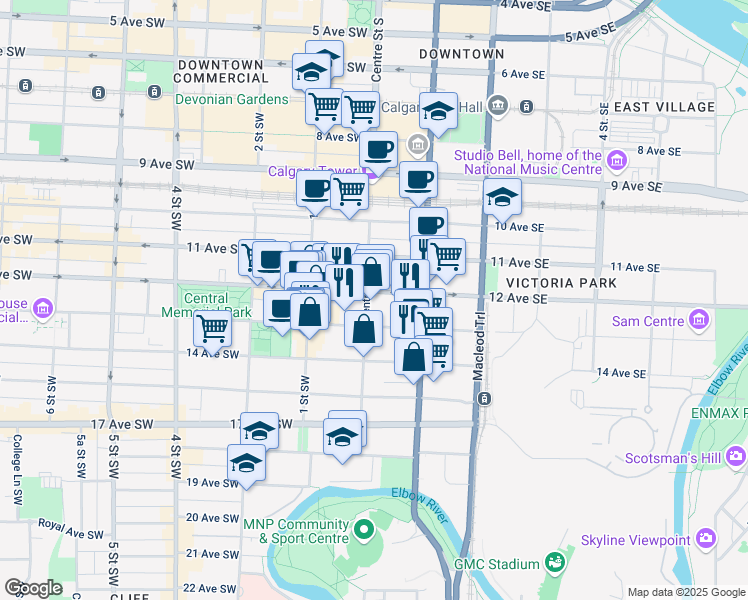 map of restaurants, bars, coffee shops, grocery stores, and more near 105 12 Avenue Southeast in Calgary