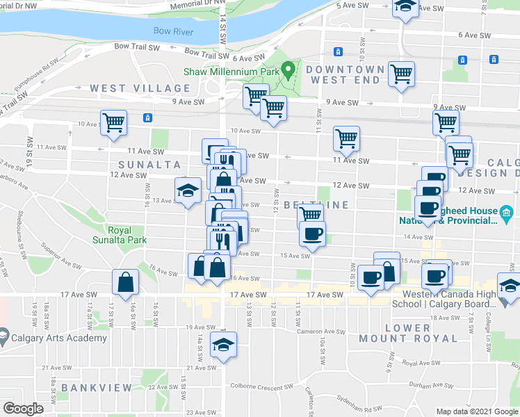 map of restaurants, bars, coffee shops, grocery stores, and more near in Calgary