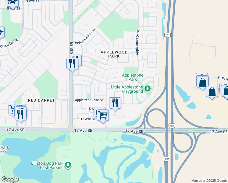 map of restaurants, bars, coffee shops, grocery stores, and more near 119 Applefield Close Southeast in Calgary