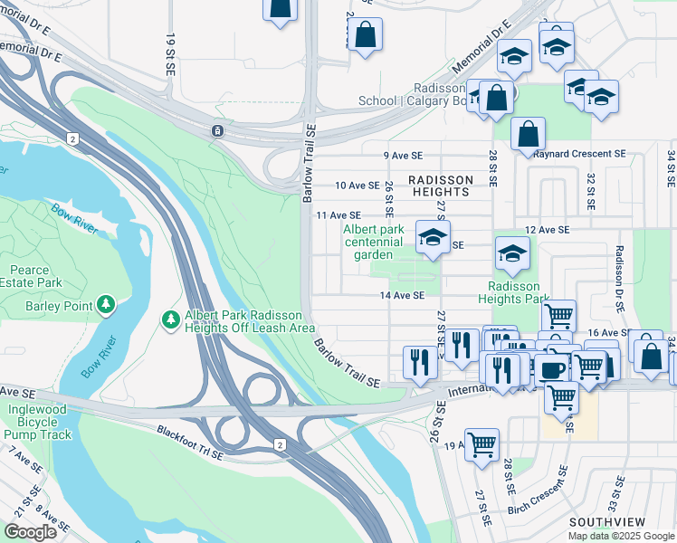 map of restaurants, bars, coffee shops, grocery stores, and more near in Calgary