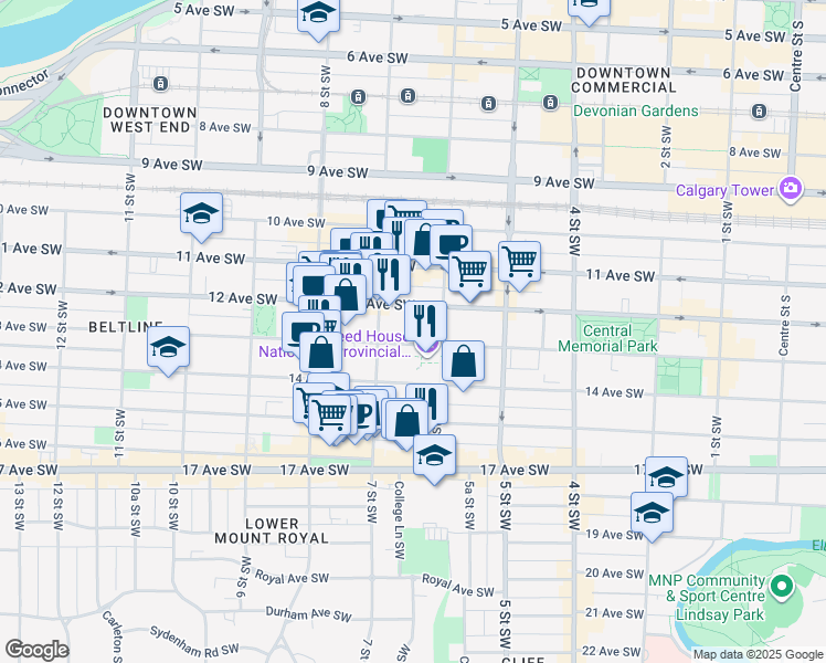 map of restaurants, bars, coffee shops, grocery stores, and more near 710 13 Avenue Southwest in Calgary