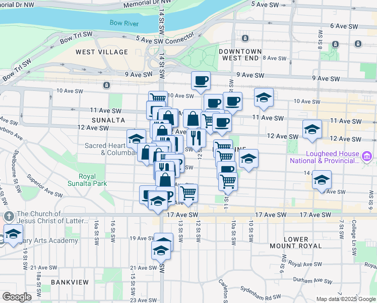 map of restaurants, bars, coffee shops, grocery stores, and more near in Calgary