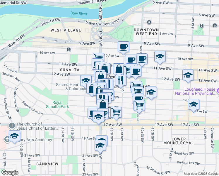 map of restaurants, bars, coffee shops, grocery stores, and more near in Calgary