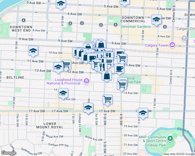 map of restaurants, bars, coffee shops, grocery stores, and more near in Calgary