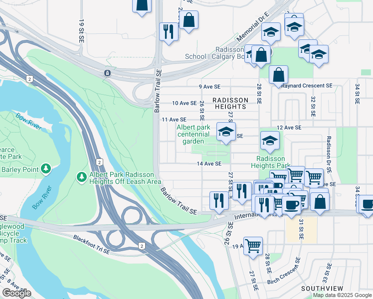 map of restaurants, bars, coffee shops, grocery stores, and more near 2628 13 Avenue Southeast in Calgary