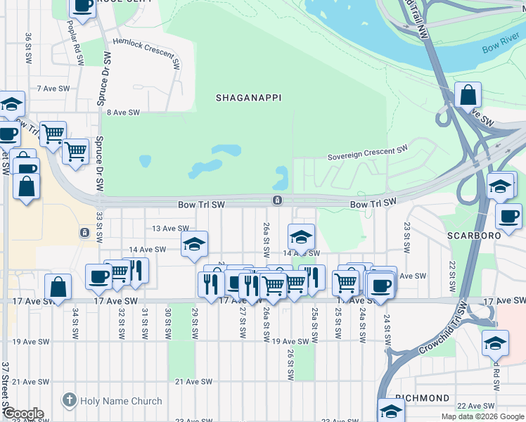 map of restaurants, bars, coffee shops, grocery stores, and more near 1403 26A Street Southwest in Calgary