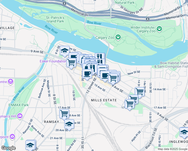 map of restaurants, bars, coffee shops, grocery stores, and more near 1231 9 Avenue Southeast in Calgary