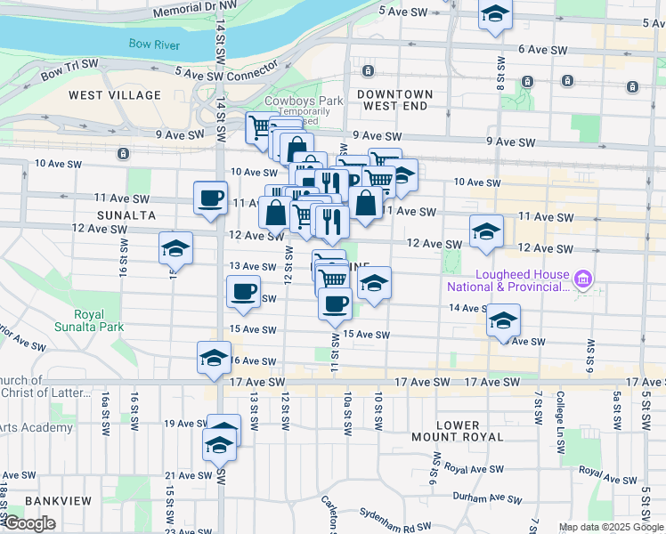 map of restaurants, bars, coffee shops, grocery stores, and more near in Calgary