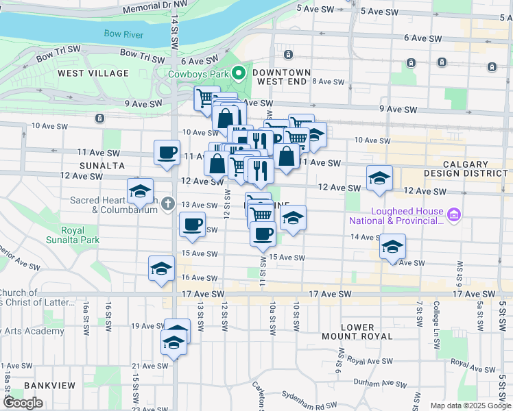 map of restaurants, bars, coffee shops, grocery stores, and more near in Calgary
