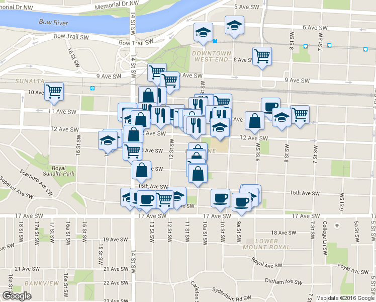 map of restaurants, bars, coffee shops, grocery stores, and more near in Calgary